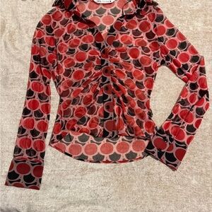 Zara Red and Black Fitted Ruched Blouse